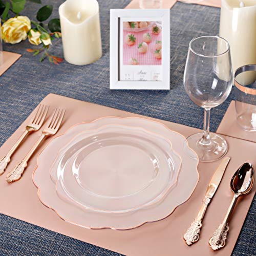 Bucla 30Guest Clear And Rose Gold Plastic Plates With Rose Gold Plastic Silverware& Disposable Plastic Cups- Rose Gold Rim Plastic Dinnerware Ideal For Mother's Day, Weddings And Parties #TOP3
