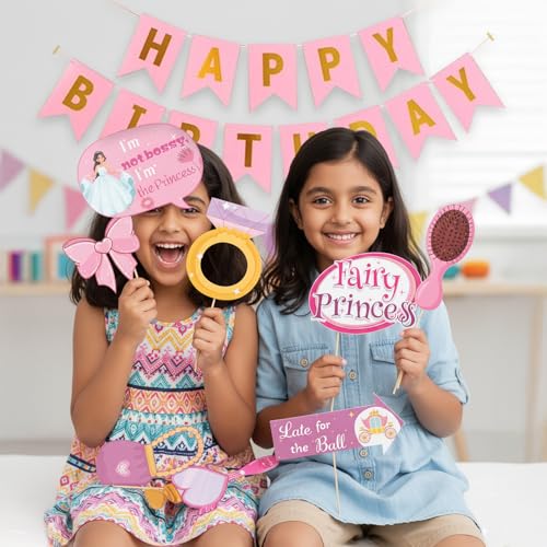 Image of Party Propz Princess Theme Birthday Decoration Items for Girls - 18 Pcs Happy Birthday Banner with Princess Photo Booth Props, Pink Theme Decoration for Kids