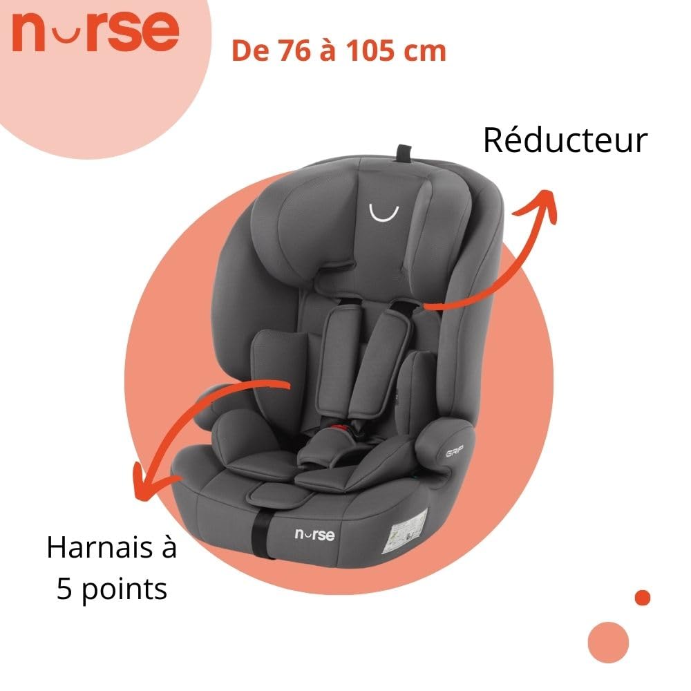 Nurse by Jané Grip Siège Auto i-Size 76–150 cm, 2–12 Ans, Sans Isofix, Installation Ceinture, 9 Positions, Groupe 1 2 3, Gris
