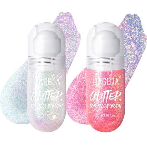 DAGEDA 2Colors Roll-on Body Glitter Gel for Body, Hair, Face, Holographic Glitter Makeup for Rave Accessories, Body Shimmer Hair Glitter Gel for Halloween Makeup(Sparkling Pink+Pink)