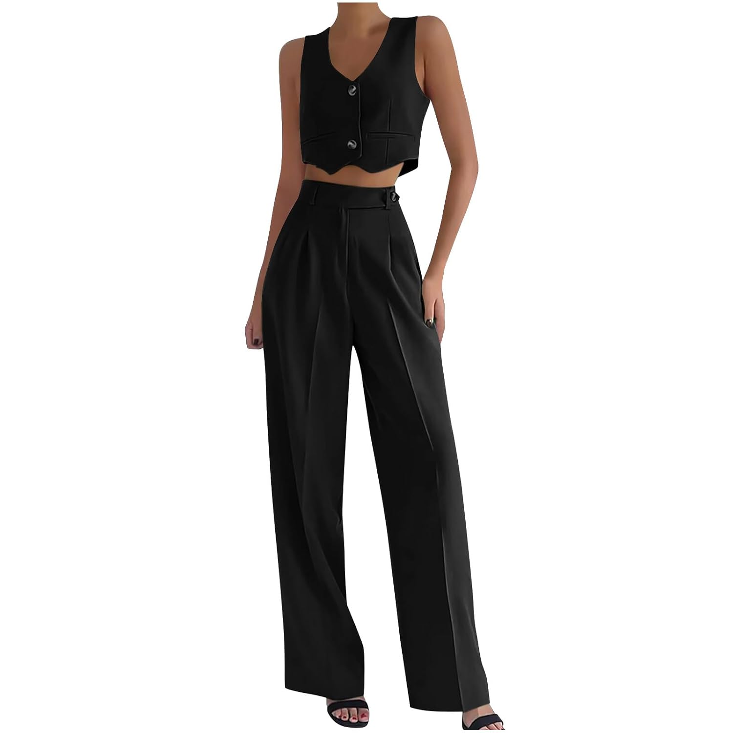 Pant Suits for Women Dressy Casual 2 Piece Work Sets Sleeveless Button Blazer Vest Crop Tank Top and