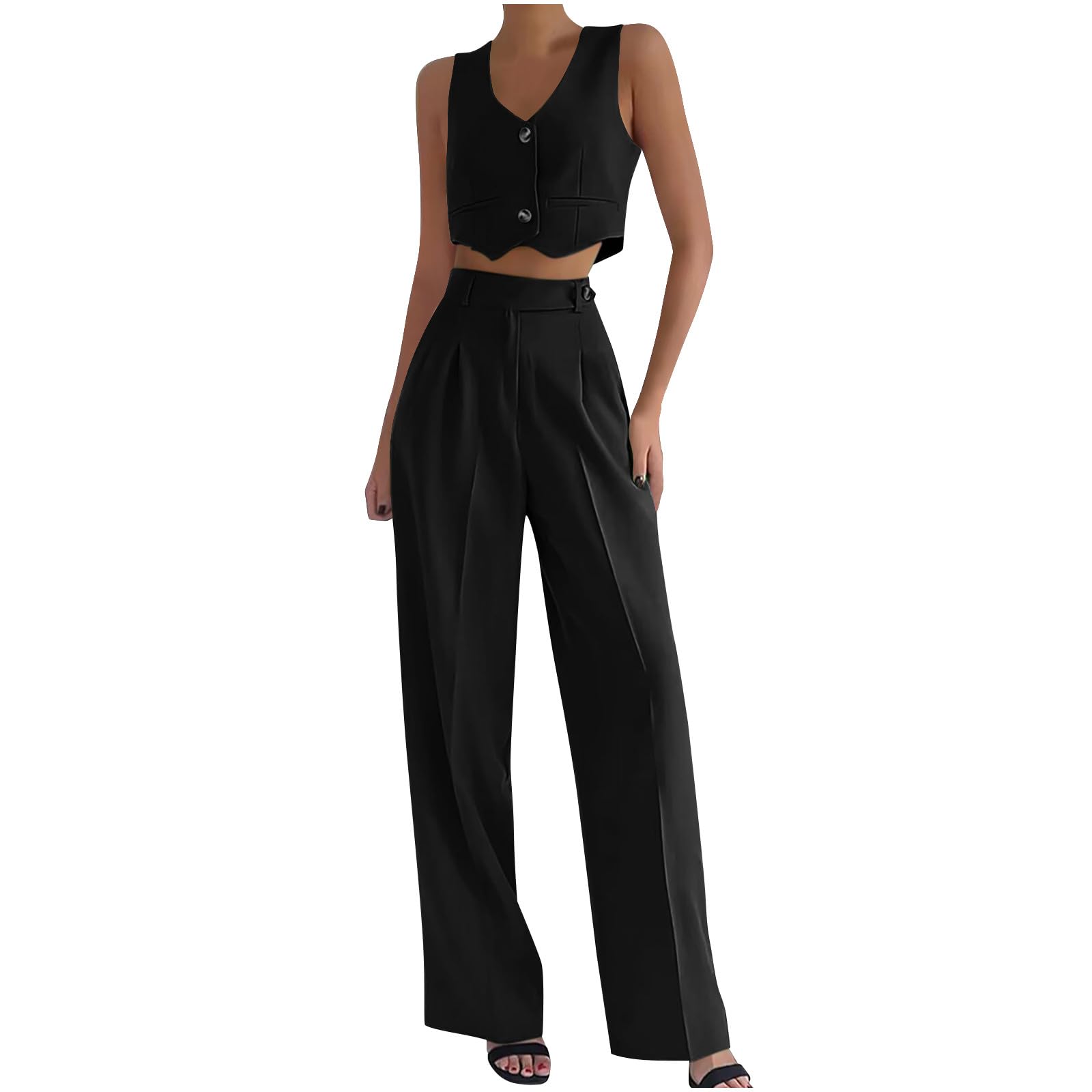 Pant Suits for Women Dressy Casual 2 Piece Work Sets Sleeveless Button Blazer Vest Crop Tank Top and