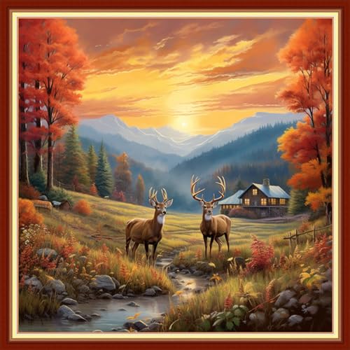 Image of DMCVIVR Stamped Cross Stitch Kits for Adults Beginners Embroidery Kits 11CT Needlepoint Kits Cross Stitch Patterns Embroidery Patterns-Sunrise Deer 18x18 inch, Handicrafts 16