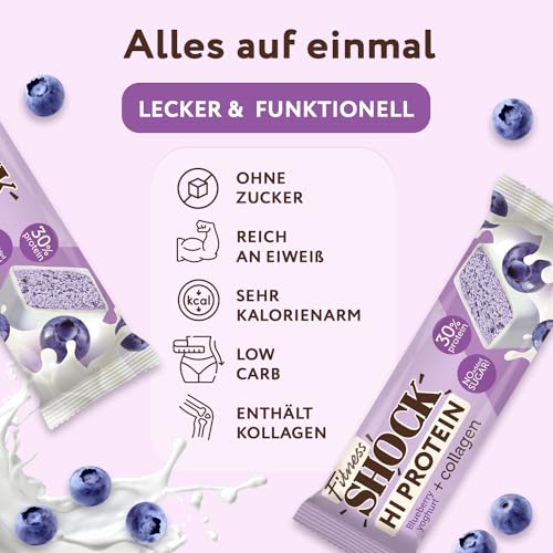 FitnesSHOCK Proteinriegel Set mit hohem 30% 12g Proteingehalt Eiweißriegel ohne Zuckerzusatz mit 5g Kollagen low carb ballaststoffreich kalorienarm Heidelbeer-Joghurt-Geschmack 12Stk 40g 4