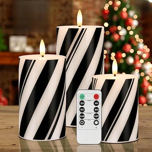 Image of Flameless Pillar Candles with Remote, Battery Operated Black Stripe Candles Real Wax, Flat Top Flickering Christmas LED Candle Decorations for Halloween, Home, Party Decor, Set of 3