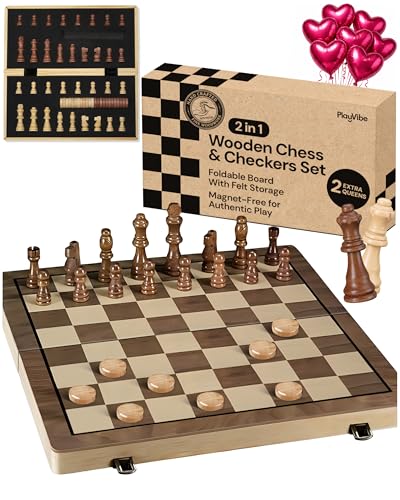 PlayVibe Wooden Chess Set 15'' & Checkers Board Games for All Players with 2 Extra Queens - Handmade Classic Wooden Chess Board, Portable & Folding Playtime Boards, Beginner & Professional Use