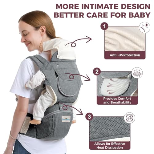 Image of SNOWIE SOFT 3 in 1 Baby Carrier for 0 to 3 Year Baby, Ergonomic Variable Baby Carrier with Detachable Hip Seat, Adjustable Straps, Head Guard, Breathable Padded Cotton, Max Weight Up to 20 Kg (Grey)