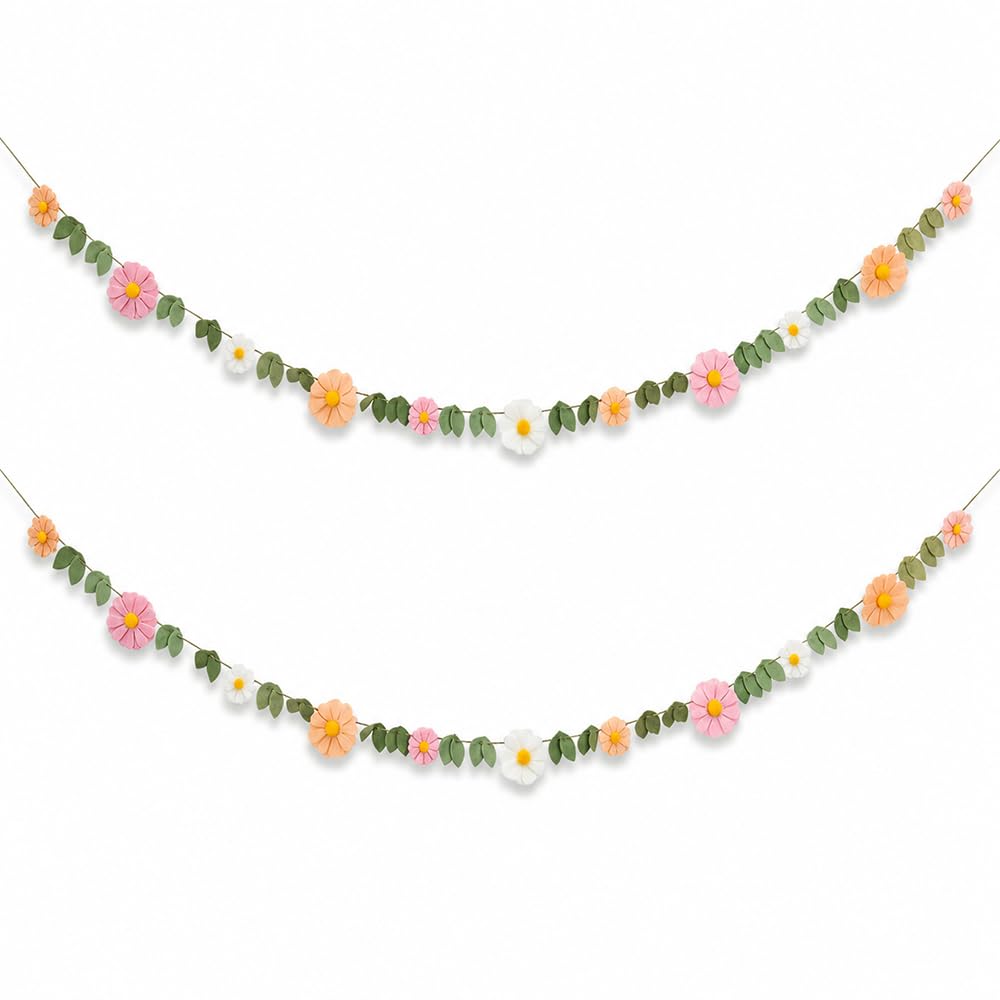 2Pcs Felt Flower Garland with Green Leaves, Banner Decorations for Birthday