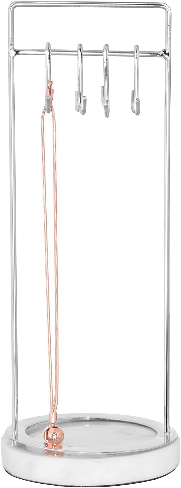 Hanging Jewellery Organiser Stand with Marble Tray | Necklace Stand Display and Earring Holder Bedroom Decor | Hanging Storage for Necklaces, Bracelets, Earrings (Silver)