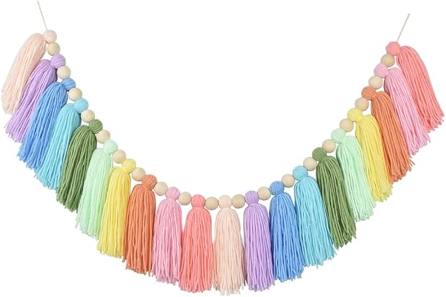 DrCor Pastel Rainbow Tassel Garland Wood Bead Colorful Christmas Garland Girls Bedroom Wall Classroom Nursery Party Room Birthday Baby Shower Decor