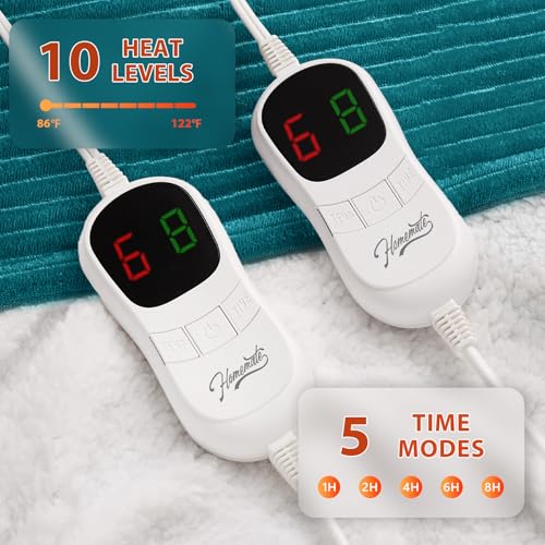 Image of Homemate Electric Heated Blanket King Size - 100 inchx90 inch Heating Blanket King Size Dual Control 1 /2 /4 /6 /8 Hours Auto-Off 10 Heat Level Over-Heat Protection Soft Flannel Sherpa ETL Certification