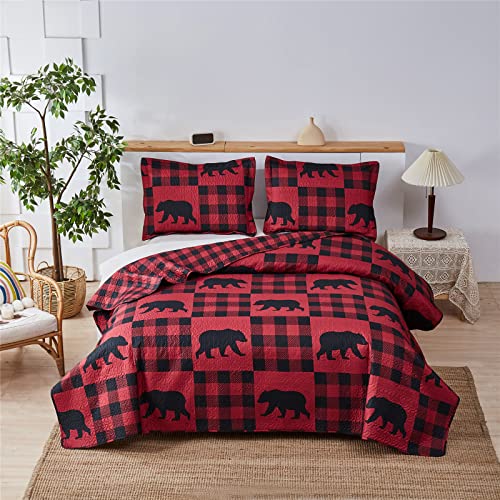 Moose Lodge Lightweight Bedspread Coverlet - All Season King Bedding Cover With Shams,Plaid Bear Deer Printed Quilt Set Bedding Set,Rustic Country Cabin Reversible Summer Comforter Blanket Bed Cover #TOP5