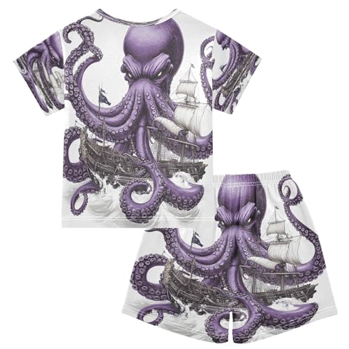 ALAZA Octopus Kraken Boat Pajamas Set Short Sleeve Cotton Sleepwear Summer Pjs 2 Piece 5-14Y2