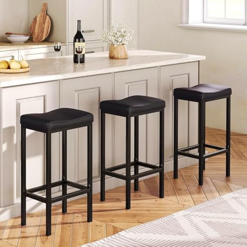Image of Bar Stools, 25 inch Bar Chair, PU Leather Upholstered Breakfast Stools, Easy, Suitable for Kitchen, Bar, Dining Room, Black (1-Stool)