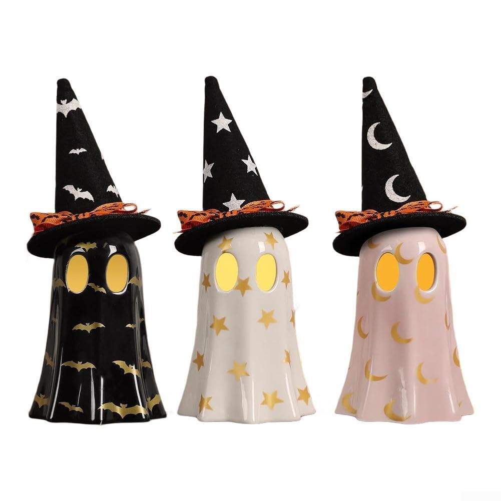 Décorations d'Halloween en résine Lot de 3 statuettes noires avec chapeau de sorcière 16cm