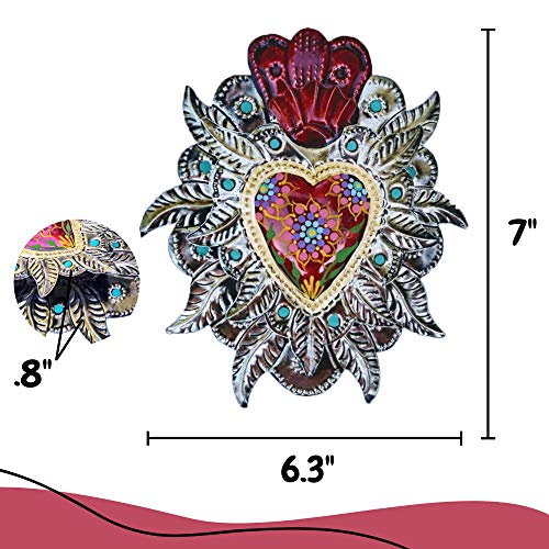 Irekua Mexican Heart Folk Art Wall Decor 7" Metal Charms Tin Art Sacred Milagros Mexicanos Colorful Hand Painted Mexico Decorations Double Heart -Handmade #TOP7