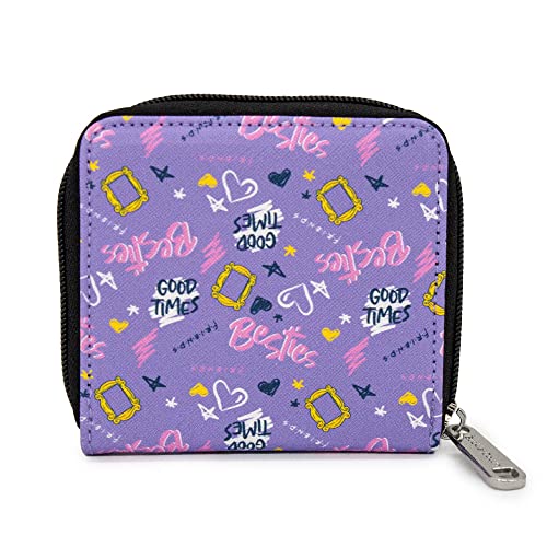 Buckle Down Friends Wallet, Square Zip Around, Icons and Quotes Collage, Lavender, Vegan Leather3