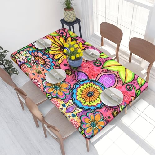 Fiokroo 48" L x 30" W Hippie Art Flower Doodles Rectangular Tablecloth, Waterproof, Wrinkle Resistant, Elastic Edge, Perfect for 4ft Rectangle Table by Fiokroo - Used condition - Image 7