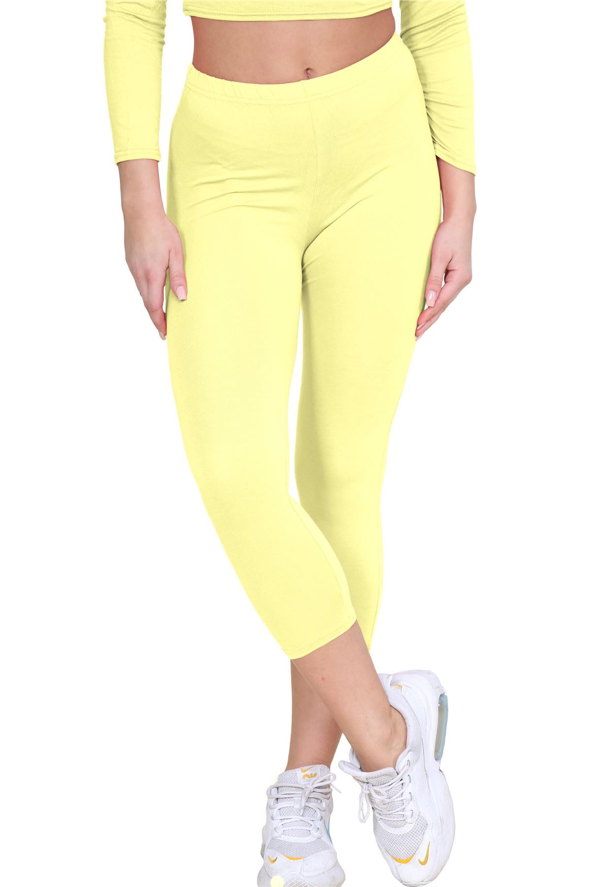 Janisramone Women's Yellow New Plain Stretchy 3/4 Leggings Workout Tight Gym Cropped Capri Active Pants