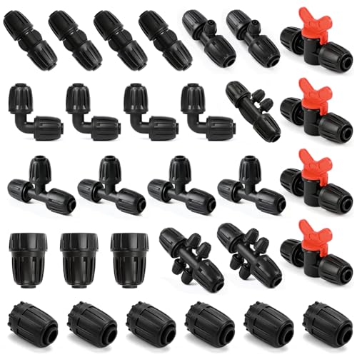 FoxRose 30 Pack 1/2 Inch Drip Irrigation Fittings Kit (1/2 ID x 0.6-0.65 OD) 1/2 Dripline Lock Nut Barbed Connectors - 4 Tees 4 Couplings 4 Elbows 4 Valves 6 Plugs 3 Adapters 5 Reducers