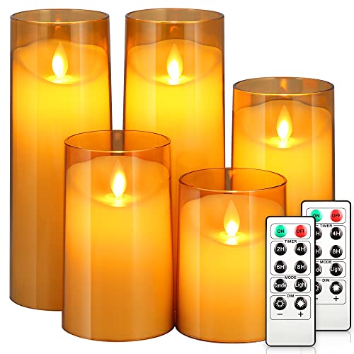 NURADA Flickering Flameless Candles: Acrylic LED Pillar Candles Battery Operated with Remote and Timer Imitation Glass Candle for Home Table Bathroom Decor, Gold, Pack of 5 (D 3"×H 4" 5" 6" 8" 8")