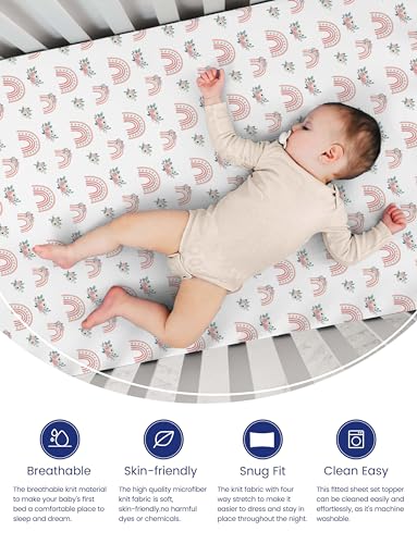 Image of TotAha Premium Soft Pack n Play Sheets, Super Stretchy Jersey Knit Mini Crib Sheets Fitted, Silky Comfort Pack and Play Mattress Sheets, 2 Pack (Rainbow)