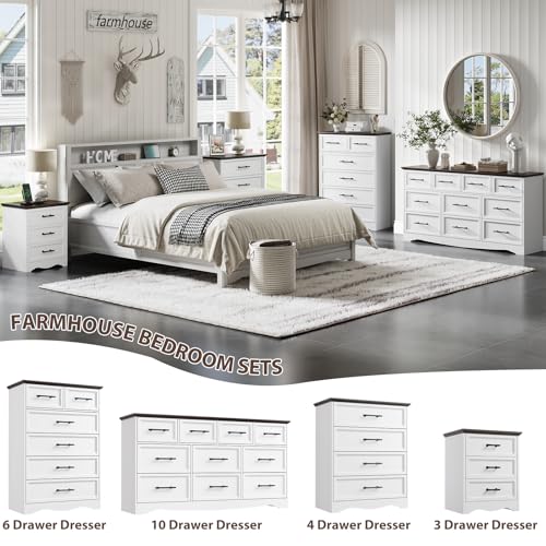 Image of Bedroom Set, 3 Pieces Bedroom Furniture Set, Wood 10 Drawer Dresser and 3 Drawers Nightstands with Charging Station, Farmhouse Storage Organizer Cabinet for Bedroom, White