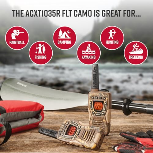 Image of Cobra ACXT1035R FLT CAMO Floating and Waterproof Walkie Talkies for Adults with Compatible Cobra Surveillance Headset: Rechargeable, 22 Channels, Long-Range, 2 Two-Way Radios, 2 Headsets