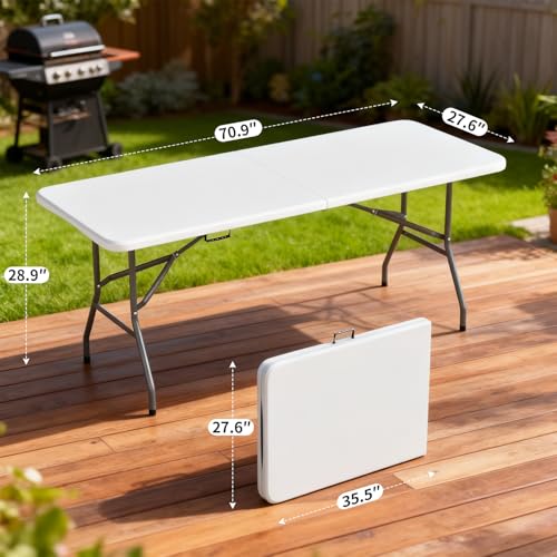 Image of BestOffice 6 FT Picnic Table, Portable Plastic Folding Table with Carrying Handle Perfect for Picnics, Parties, Party and Camping, White