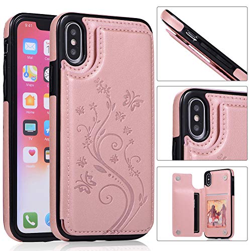 QFUN Back Wallet Case for iphone X/XS with Stand, Elegant Embossed Design [Butterfly Flower] Lightweight Slim Fit Leather Phone Case with Card Holder Protective Bumper Flip Cover - Rose Gold