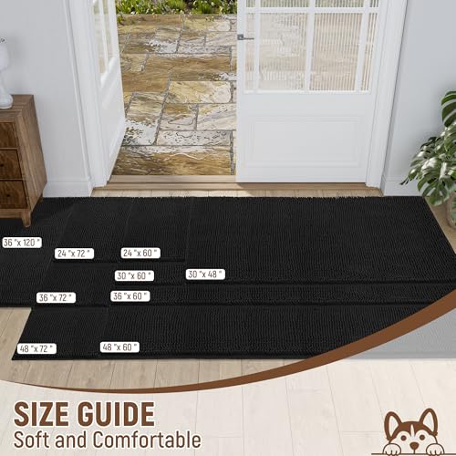 Image of Absorbent Dog Door Mat for Muddy Paws, 72 inch x 36 inch Chenille Indoor Mats for Entryway, Trap Dirt Front Door Mat Indoor Entrance Washable Non Slip Soft Black