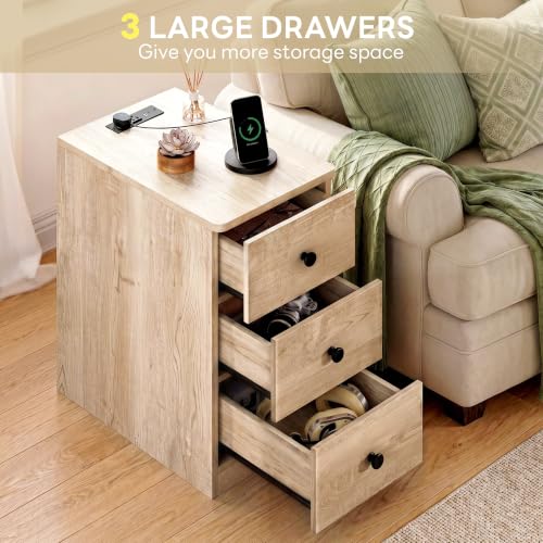 Image of LIKIMIO Nightstand with Charging Station, 3 Drawers Modern for Bedroom