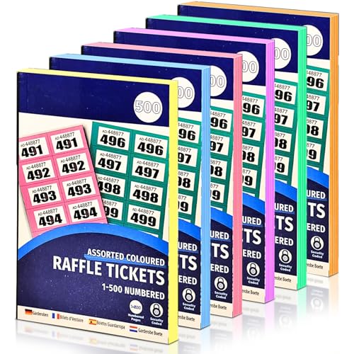 Bestus 6-Pack Cloakroom Raffle Tickets 1-500 Mixed colours - Numbered Easy-tear Tombola Charity Events Prize & Lucky Draws