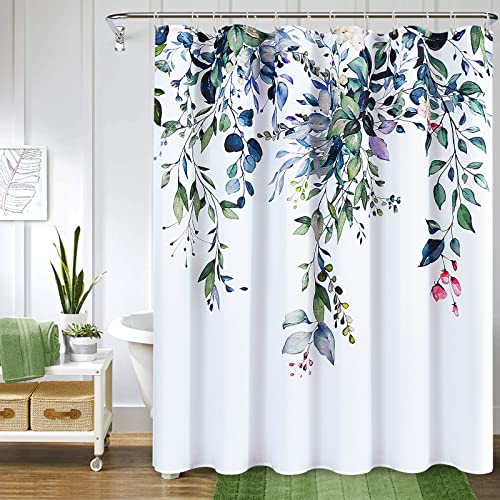 Smabu Eucalyptus Shower Curtain, Dark Green Leaves With Floral Shower Curtain Bathroom Decor Watercolor Pretty Leaf Shower Curtain, Water Repellent Linen Shower Curtain Set With 12 Hooks 72X72 Green #TOP1