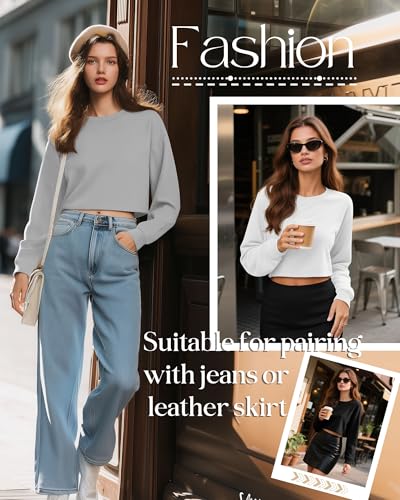 Ficerd 3 Pack Cotton Cropped Long Sleeve Tops for Women Loose Fit Crew Neck Drop Shoulder Crop T Shirts Basic Tee(Black, White, Light Gray,S)3