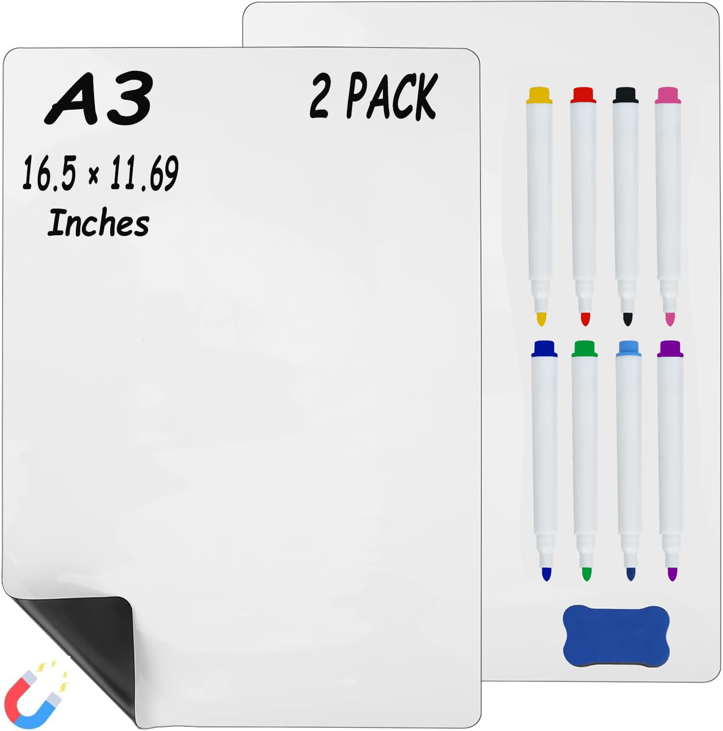 Hiziwimi 2Pcs A316.53x11.81 Inch Magnetic Dry Erase Whiteboard for Fridge,Small Refrigerator White Board for Reminder Sticker Monthly Planner Grocery List, 8 Markers,1 Eraser