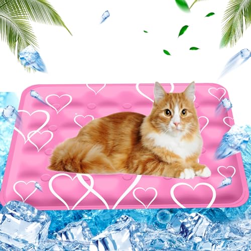 AHYDFSR Kühlmatte für Hunde Katzen Haustiere Kühldecke, wassergefüllte Kühlmatte, Sommer Kühlkissen wasserdichte, Rosa Herz, 40×50cm, M