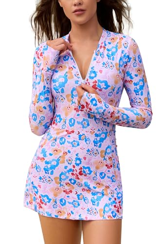 SHEKINI Women's Sun Protection Swimsuits Long Sleeve Zip Rash Guard UPF 50+ Bathing Suit Swimwear