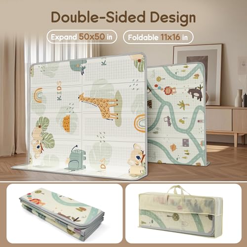 Image of PIGLOG Foldable Baby Play Mat for Floor, 50 x 50 Foam Play Mat for Playpen, Waterproof Reversible Baby Playmat for Tummy Time, Portable Playpen Mat for Babies, Infants & Toddlers 6-12 Months