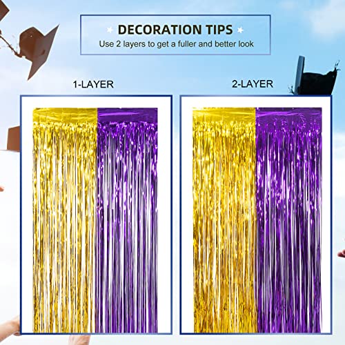 Image of LOLStar Graduation Party Decoration, 2 Pack Purple Gold Foil Fringe Curtain | 3.3 x 6.6 ft Tinsel Streamers Backdrop, Graduation Photo Booth Backdrop for Class of 2026, Prom and Grad Party Decorations