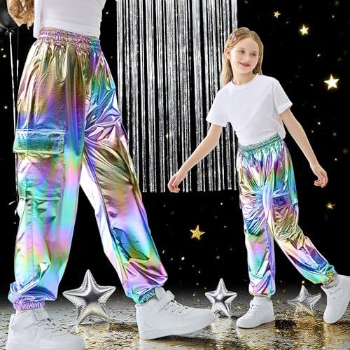 Image of Rolanko Girls Shiny Metallic Cargo Pants, Sparkle Jogger Pants for Girls Hip Hop Dance Streetwear Cargo Trousers 6-15 Years