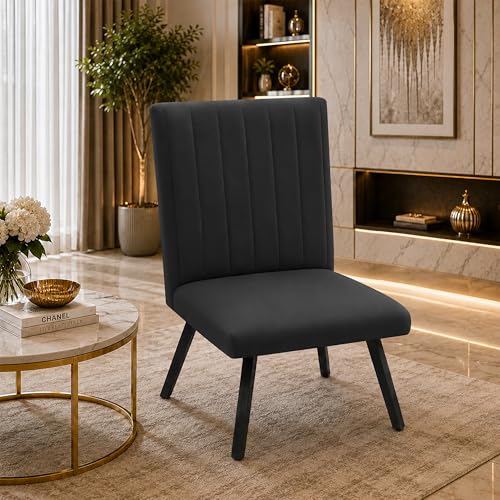 Image of Modern Velvet Accent Chair for Living Room | Upholstered Single Seater Chair with Metal Legs | Comfortable Seating for Bedroom, Office & Guest Room - Black
