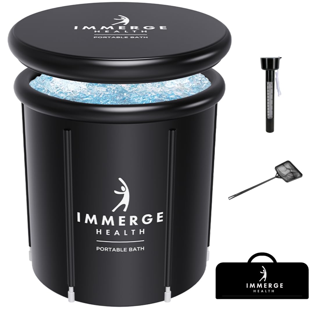 XL Portable Ice Bath Tub for Cold Plunge & Wellness Recovery: Durable 7 layer Barrel Ice Tub with Lid, Thermometer, Skimming Net, Absorbing Water Mat & Carrying Bag