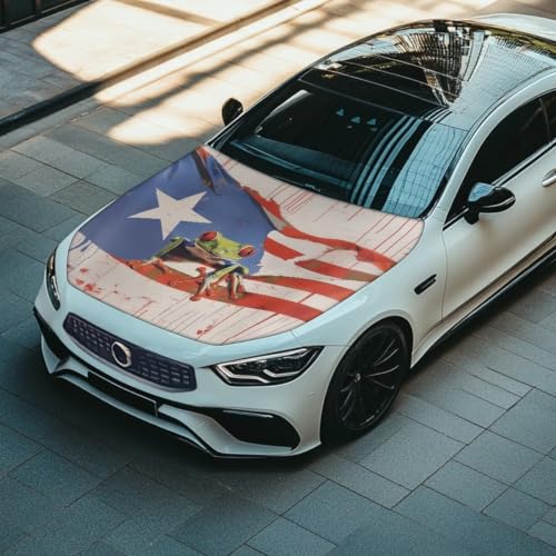 Image of Puerto Rico Flag Car Hood Cover Protector for SUV Sedans Trucks 59x39 Inch Stretchable Car Hood Wrap Blankets Waterproof Sun Proof Auto Patriotic Decorations