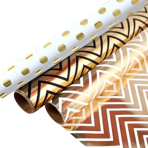 43 cm x 3 m 3PC goldene Geschenkpapierrolle Kraftpapier recycelbar und dick verschiedene Designs für Geburtstag Weihnachten Hochzeiten und Partys ideal für Geschenke und Bastelarbeiten