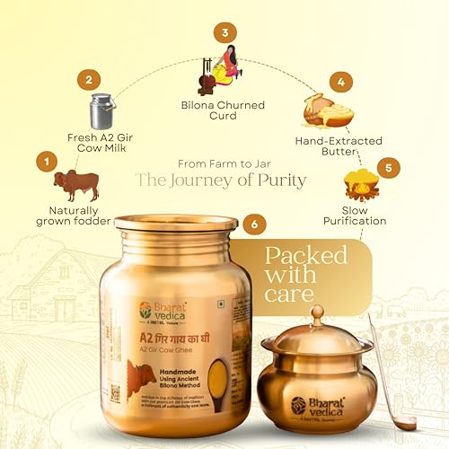 Image of Bharat Vedica A2 Gir Cow Ghee 500 ML | Vedic Bilona Method | Hand-Churned from Curd | 100% Pure & Natural Desi Ghee | Rich Aroma & Taste | Immunity & Digestion Booster I Now in SS Jar Packaging with Free Ghee Pot