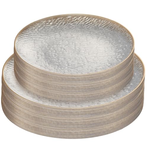 PLASTICPRO 96 Pieces Elegant Plastic Plates for Party Clear with Gold Rim Includes 7" inch and 10" inch Fancy Plastic Plates Disposable Dinnerware