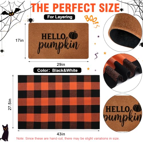 2 Pack Fall Halloween Door Mat Set, Pumpkin Coir & Plaid for Thanksgiving - image 2
