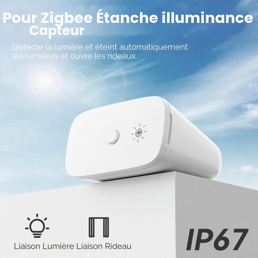 Capteur de lumière intelligent d'extérieur, pour Zigbee IP67 Capteur de détection de luminosité étanche avec notifications en temps réel, pour l'automatisation de l'éclairage et des rideaux