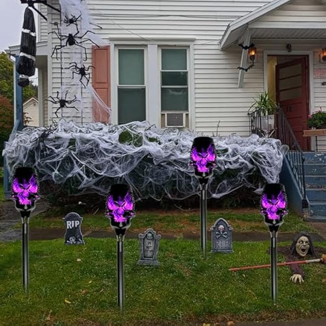 2025 Halloween Solar Lights Outdoor Pathway Lights, 4 Pc LED Waterproof Skull Stake Lights for Yard Garden Path Walkway Driveway Patio Lawn Halloween D¨¦cor (Purple)